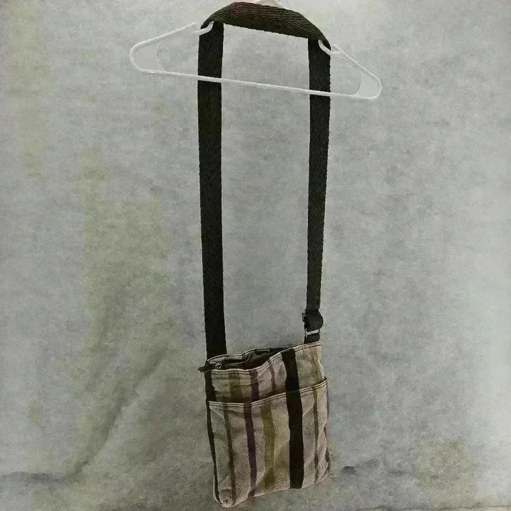Thirty One Crossbody Canvas Purple Tan Brown Purple Stripe Multiple Pockets